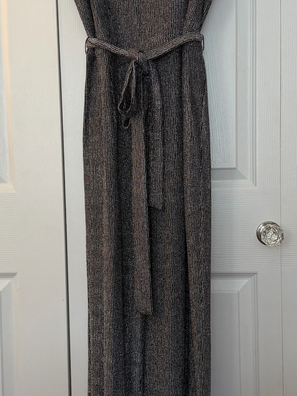 Nicole Miller Metallic Charcoal Knit Wide-Leg Jumpsuit with Tie Waist